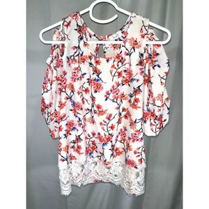 Love J Floral Cold Shoulder Blouse Lace Hem Boho Top XL Red Cream TA30431